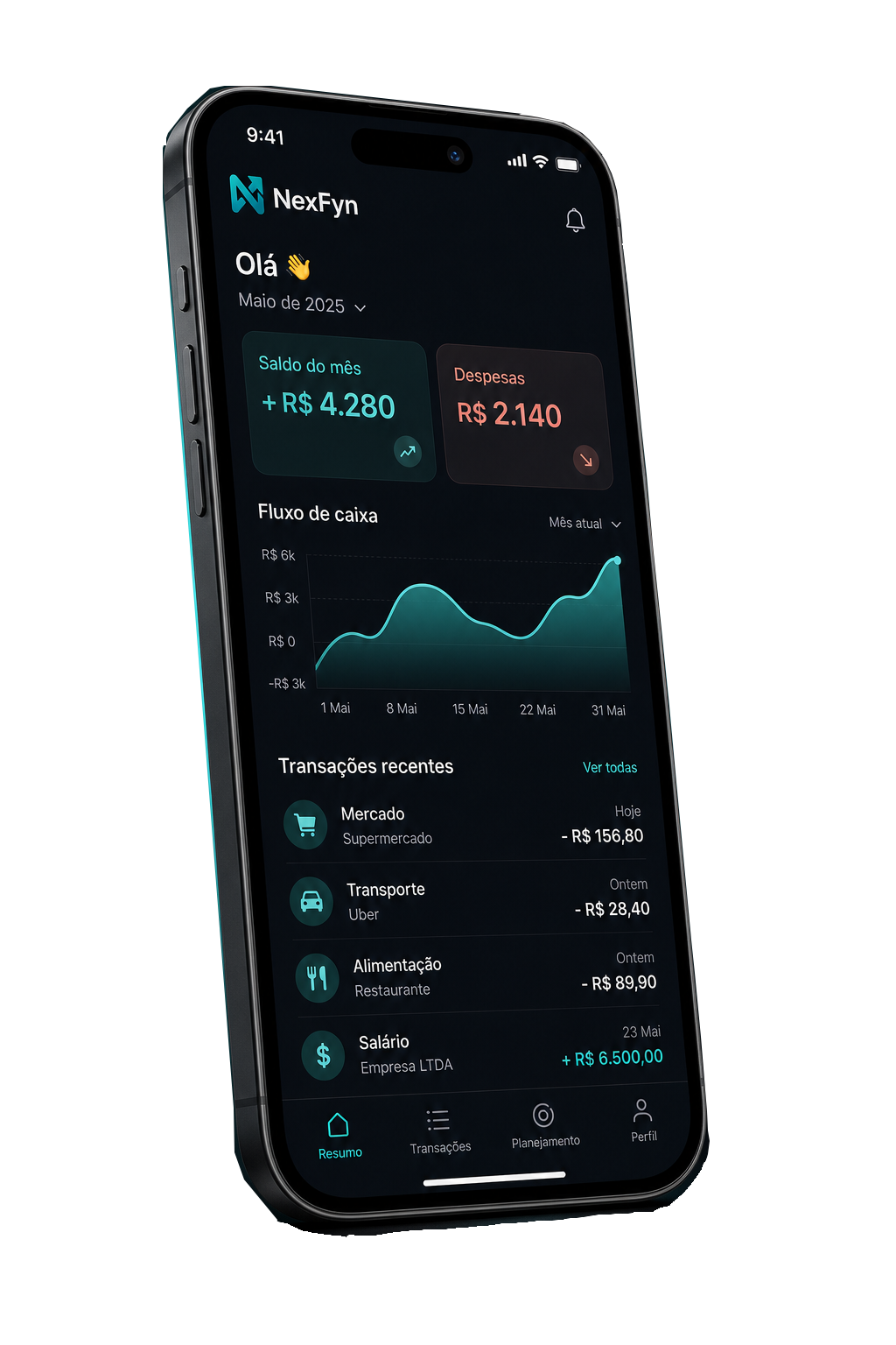 App NexFyn no celular: saldo do mês, despesas, fluxo de caixa e transações